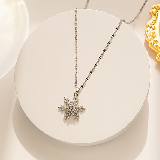 "Snowflake Zircon Pendant Necklace – Stainless Steel Design – Minimalist  Sliver Zircon Inlay"