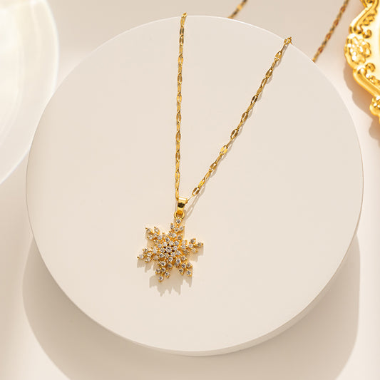 "Snowflake Zircon Pendant Necklace – Stainless Steel Design – Minimalist Golden Zircon Inlay"